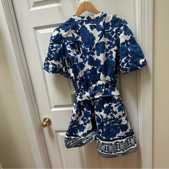 NWT Joie Blue White Floral puff sleeve flare Dress 4 short sleeve - Picture 8 of 9